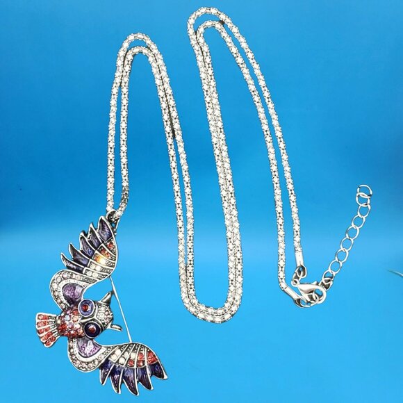Colorful Owl Pin / Pendant Combo Necklace Rhinestone Enamel Jewelry Gift Boxed - Picture 8 of 8